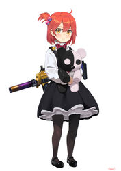  adapted_costume aged_down ahoge alternate_costume counter-strike_(series) counter-strike_2 dress emoji female girls&#039;_frontline gun gun_decal h&amp;k_mp7 highres kion-kun meme mp7_(girls&#039;_frontline) one_side_up pantyhose petticoat red_hair short_hair simple_background solo stuffed_toy submachine_gun weapon white_background yellow_eyes 