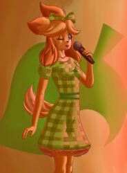  2022 absurd_res animal_crossing anthro breasts brown_eyes brown_nose canid canine canis checkered checkered_clothing clothed clothing curvy_figure demongirl_demoness digital_drawing_(artwork) digital_media_(artwork) domestic_dog dress electronics female fingers floppy_ears fur green_clothing green_dress green_ribbons happy hi_res holding_microphone holding_object isabelle_(animal_crossing) mammal microphone multicolored_body multicolored_fur nintendo one_eye_closed open_mouth orange_body orange_ears orange_fur pattern_clothing pink_tongue portrait ribbons shih_tzu simple_background singing small_breasts solo standing three-quarter_portrait tongue toy_dog white_body white_fur yellow_body yellow_fur 