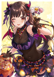  ;p arm_strap basket black_bodysuit blush bodysuit breasts brown_gloves brown_hair cleavage covered_navel demon_wings earrings female floating_hair gloves halloween halloween_bucket halloween_costume highres holding holding_basket horns idolmaster idolmaster_shiny_colors iku2727 jewelry long_hair medium_breasts miniskirt navel one_eye_closed purple_skirt red_eyes red_wings see-through skirt solo sonoda_chiyoko star_(symbol) star_earrings thigh_strap tongue tongue_out very_long_hair wings yellow_background 