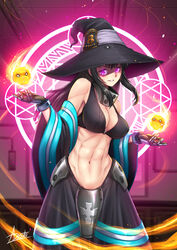  abs adsouto armor bare_shoulders bikini bikini_top_only black_bikini black_coat black_gloves black_hair black_skirt breasts cleavage coat collar collarbone commentary_request covered_nipples cowboy_shot en&#039;en_no_shouboutai faulds female fire fireball gloves glowing glowing_eyes hair_between_eyes hat hexagram highres indoors large_breasts long_hair long_skirt looking_at_viewer magic_circle maki_oze midriff muscular muscular_female navel o-ring o-ring_bikini off_shoulder parted_lips purple_eyes shaded_face sidelocks signature skirt smile solo spirit standing star_of_david swimsuit w_arms witch_hat 