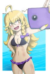  +_+ ahoge artist_name bikini black_bikini blonde_hair blush bow braid breasts female hairbow happy highres kirisame_marisa medium_breasts navel noldvano ocean phone selfie swimsuit touhou yellow_eyes yellow_nails ze_(phrase) 