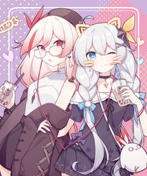  2girls absurdres alternate_costume antenna_hair bare_shoulders bird black_skirt blue_eyes braid brown_coat brown_jacket bubble_tea casual chicken closed_mouth coat earphones eta fashion fu_hua fu_hua_(phoenix) glasses gradient_hair hair_between_eyes hair_ornament happy hat highres honkai_(series) honkai_impact_3rd iced_tea jacket jingwei_(bird) kiana_kaslana long_hair looking_at_viewer multicolored_hair multiple_girls nail_polish off_shoulder one_eye_closed open_mouth purple_nails red_eyes red_hair shirt skirt sleeveless sleeveless_shirt smile streaked_hair twin_braids white_hair 