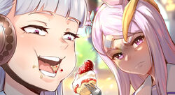  2girls absurdres animal_ears banana_peel blue_bow blurry blurry_background bow cake crumbs depth_of_field eating eraser food fork gold_ship_(umamusume) grey_hair highres horse_ears horse_girl long_hair mejiro_mcqueen_(umamusume) moto_toshi multiple_girls purple_eyes school_uniform shaded_face strawberry_shortcake tracen_school_uniform umamusume 