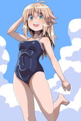  :d antenna_hair arm_behind_head arm_up bare_arms bare_legs bare_shoulders barefoot blue_one-piece_swimsuit blue_sky breasts cloud collarbone commentary covered_navel day english_commentary female green_eyes hair_between_eyes hair_down highres koshirae_tsurugi_(m.m) light_brown_hair long_hair m.m one-piece_swimsuit original outdoors sky small_breasts smile solo standing standing_on_one_leg swimsuit 