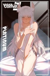  absurdres animal_ears arknights bare_shoulders blush commentary dress english_commentary female flat_chest grey_eyes highres horse_ears long_hair looking_at_viewer najashi platinum_(arknights) pout sitting solo white_dress white_hair 