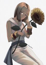  artist_name brown_eyes brown_hair dark-skinned_female dark_skin detached_sleeves female final_fantasy final_fantasy_tactics flower holding holding_flower leaf looking_at_viewer rapha_galthena reflection short_hair smile solo soosupaan strap sunflower upper_body 