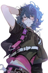  1boy aoba_tsumugi arm_at_side arm_up asymmetrical_sleeves belt bishounen black-framed_eyewear black_jacket black_pants black_shirt black_wristband blue_hair blurry bracelet brown_eyes cowboy_shot cropped_jacket dark_blue_hair depth_of_field downturned_eyes earrings ensemble_stars! glasses groin hair_between_eyes hand_in_own_hair highres hoop_earrings jacket jewelry layered_clothes light_blush light_smile male_focus medium_hair messy_hair midriff_peek necklace pants pink_belt pink_shirt revision shirt short_sleeves sidelighting simple_background solo tsmkwa turtleneck wavy_hair white_background white_belt 