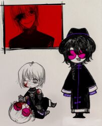  1boy bandage_over_one_eye black_coat black_hair black_hat blood blood_on_face blood_on_hands braid chibi chinese_commentary closed_eyes closed_mouth coat commentary_request female hair_between_eyes hat high_collar highres huai_yunqing long_sleeves mandarin_collar multiple_views muluo_cantu open_mouth partially_colored pink-tinted_eyewear round_eyewear short_hair side_braid single_braid sleeves_past_fingers sleeves_past_wrists smile tinted_eyewear touqi_guaitan wide-eyed wu_song_(touqi_guaitan) 