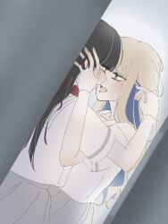  2girls after_kiss azusawa_kohane black_hair blonde_hair blue_hair brown_hair colored_inner_hair commentary_request dutch_angle green_eyes grey_skirt hand_in_another&#039;s_hair hand_on_another&#039;s_head highres long_hair multicolored_hair multiple_girls open_mouth original pleated_skirt project_sekai red_eyes sailor_collar saliva saliva_trail shiraishi_an shirt short_sleeves skirt white_sailor_collar white_shirt ykkt_0911 yuri 