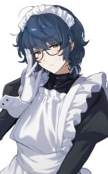  1boy adjusting_eyewear alternate_costume aoba_tsumugi apron bishounen black-framed_eyewear black_dress blue_hair buttons close-up closed_mouth cowlick crossdressing dark_blue_hair dress enmaided ensemble_stars! frilled_apron frills furrowed_brow glasses gloves hand_up highres juliet_sleeves light_blush light_frown long_sleeves looking_at_viewer maid maid_headdress male_focus puffy_sleeves sideways_glance simple_background sleeve_cuffs solo split_mouth sweatdrop swept_bangs three_quarter_view tsmkwa upper_body white_apron white_background white_gloves 