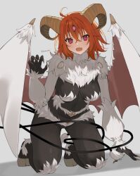  :o @_@ absurdres ahoge arm_support artist_name body_fur brown_horns claw_pose dark_young_(fate) demon_girl demon_horns demon_wings fate/grand_order fate_(series) female fingernails fujimaru_ritsuka_(female) full_body fur-tipped_tail goat_horns goat_legs grey_background hair_between_eyes highres hooves horns kneeling looking_at_viewer monsterification oerba_yun_fang open_mouth orange_hair pink_eyes romo827 sharp_fingernails short_hair simple_background skin_fang solo third_eye twitter_username white_fur wings 