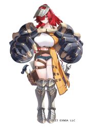  armored_boots arrow_(tamawo222) blue_shorts boots breasts character_request closed_mouth collarbone commentary_request female full_body hair_over_one_eye highres knee_boots large_breasts long_hair navel official_art ponytail power_fist red_eyes red_hair sennen_sensou_aigis short_shorts shorts simple_background single_thighhigh solo standing thighhighs very_long_hair welding_mask white_background white_thighhighs 