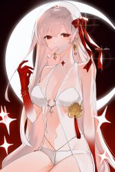  babydoll bare_shoulders bikini blush body_markings bracelet breasts cleavage colored_extremities crescent_moon durga_(fate) earrings fate/grand_order fate_(series) female food gradient_skin grey_hair hair_ribbon highres jewelry large_breasts long_hair looking_at_viewer moon mouth_hold popsicle red_eyes red_hands ribbon siho_is_alien solo swimsuit tassel thighs thumb_ring very_long_hair white_bikini 