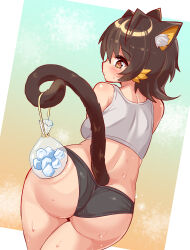  animal_ears ass bag black_hair black_panties blush cat_ears cat_girl cat_tail closed_eyes commentary cougar_(cougar1404) crotch_seam dutch_angle female from_behind grey_sports_bra holding holding_bag holding_with_tail ice leaning_forward looking_at_viewer looking_back original panties plastic_bag prehensile_tail short_hair solo sports_bra standing sweat tail underwear underwear_only yellow_eyes 