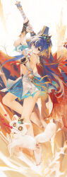  absurdres arms_up bare_shoulders black_bridal_gauntlets blonde_hair blue_hair bridal_gauntlets china_dress chinese_clothes dark_blue_hair detached_sleeves dress female full_body hair_between_eyes hair_ornament highres holding holding_sword holding_weapon honkai:_star_rail honkai_(series) long_hair looking_at_viewer navel parted_lips short_sleeves smile solo swkl:d sword tanghulu weapon yellow_eyes yunli_(honkai:_star_rail) 