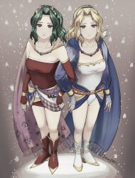  2girls alternate_costume artist_name blonde_hair blue_cape blue_robe blue_sleeves breasts cape cleavage clone closed_mouth detached_sleeves dress final_fantasy final_fantasy_vi full_body gradient_cape gradient_robe green_hair hair_ribbon highres holding looking_at_viewer mini_wings multiple_girls official_alternate_costume open_mouth parted_bangs purple_eyes red_footwear red_sleeves ribbon robe soosupaan strapless strapless_dress terra_branford white_footwear wings 