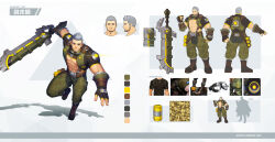  1boy abs artist_name bara beard biceps boots camouflage camouflage_pants crop_top crotchless crotchless_pants explosive facial_hair fighting_stance fingerless_gloves gauntlets gloves goggles goggles_around_neck green_eyes grenade grey_background grey_hair gyee highres holding holding_sword holding_weapon leather leather_belt logo looking_at_viewer male_focus manly master_(gyee) mature_male mianbaobao muscular muscular_male pants pectorals reference_sheet short_hair signature simple_background smirk solo spiked_hair sword thick_arms thick_eyebrows thick_thighs thighs tight_clothes vest weapon 