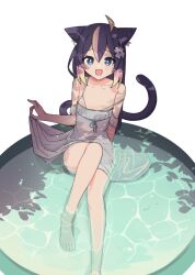  :d ahoge animal_ear_fluff animal_ears arm_support barefoot black_hair blonde_hair blue_eyes cat_ears cat_girl cat_tail collarbone dress feet female hashtag_hair_ornament in_water knee_up light_blush long_hair lyrinne original partially_submerged pink_hair pond raised_eyebrows ribbon see-through shallow_water simple_background skirt_hold smile solo strap_slip tail tree_shade water white_background white_dress 