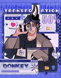  asinus cd cellphone clothing computer computer_screen cursor donkey electronics english_text equid equine feral fresasbolita fur hair heart_symbol hi_res holding_object hoodie hooves human icon iconography looking_at_viewer loss_of_dexterity male mammal mid_transformation mouse_cursor phone pop-up smartphone solo text topwear transformation 