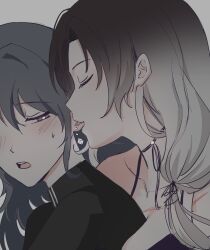  2girls angell_(path_to_nowhere) biting black_hair black_shirt blush breast_press chief_(path_to_nowhere) closed_eyes commentary_request ear_biting earrings eoltto female_chief_(path_to_nowhere) gradient_hair grey_background grey_hair half-closed_eyes highres jewelry korean_commentary long_hair looking_at_another low-tied_long_hair multicolored_hair multiple_girls open_mouth path_to_nowhere shirt simple_background sweatdrop upper_body yuri 