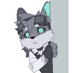  2023 black_clothing black_gloves black_handwear black_sclera canid canine canis chibifur clothing fingerless_gloves fur gloves green_eyes grey_body grey_fur handwear hiding_behind_wall looking_at_viewer male mammal solo viosgit white_body white_fur wolf 