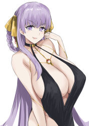  bare_shoulders bb_(fate) bb_dubai_(fate) black_dress blush braid braided_hair_rings breasts center_opening cleavage dress fate/grand_order fate_(series) female hair_ribbon highres ibara_azuki jewelry large_breasts long_hair looking_at_viewer necklace open_mouth purple_eyes purple_hair ribbon side_slit smile solo twin_braids very_long_hair yellow_ribbon 