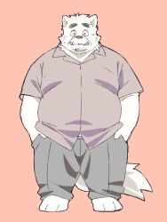  2024 anthro bottomwear canid canine canis clothing domestic_dog facial_hair hi_res inunoshippo kemono male mammal mature_male moustache overweight overweight_male pants shirt simple_background solo topwear 