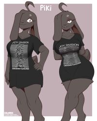  2024 absurd_res anthro biped black_clothing black_shirt black_t-shirt black_topwear claws clothing colarix digital_media_(artwork) ear_over_eye eyelashes eyeshadow female female_anthro finger_claws fur grey_body grey_fur hand_on_hip hi_res joy_division_(band) lagomorph leporid makeup mammal monotone_body monotone_fur piki_(colarix) rabbit shirt smile solo t-shirt topwear 