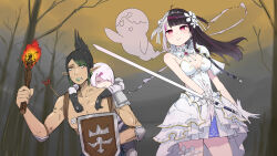  1boy 2girls :&gt; armor arrow_(symbol) bare_shoulders bare_tree black_hair breasts brown_eyes brown_sky carrying closed_mouth commentary_request dress floating_hair folded_ponytail ghost gloves green_hair green_lips grey_hair hair_ornament hair_over_one_eye hairclip half-closed_eyes hanabatake_chaika highres holding holding_sword holding_torch holding_weapon long_hair medium_breasts multicolored_hair multiple_girls nijisanji outdoors pauldrons piggyback pointy_ears purple_hair red_eyes shield shiina_yuika shoulder_armor skirt small_sweatdrop smile streaked_hair sweat sword topless_male torch tree two-tone_hair virtual_youtuber weapon white_dress white_gloves yorumi_rena yowayowap 