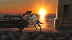  16:9 2024 amazing_background anthro black_car bottomwear car closed_eyes clothing detailed detailed_background digital_media_(artwork) digital_painting_(artwork) duo fur grey_body grey_fur hi_res horizon inner_ear_fluff leaning leaning_forward leaning_on_car lighthouse male multicolored_tail nose_to_nose orange_inner_ear orange_tail pants reflection sea shirt shorts sitting size_difference sunset t-shirt tail tan_body tan_ears tan_fur tan_inner_ear tan_inner_ear_fluff tetrapod tight_bottomwear tight_clothing tight_pants topwear tuft two_tone_tail unapanthera untucked_shirt vehicle water widescreen ylsun_(y15un) youngsun_(y15un) 