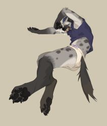  2024 absurd_res anthro arknights barefoot black_hair blue_hair closed_eyes clothing duolai8 ear_piercing eyebrow_piercing facial_piercing feet fur grey_body grey_fur hair hi_res hindpaw hyena hypergryph male mammal markings multicolored_body multicolored_fur multicolored_hair pawpads paws piercing shirt sleeping soles solo spot_(arknights) spots spotted_body spotted_fur spotted_hyena studio_montagne tail topwear two_tone_body two_tone_fur two_tone_hair underwear 