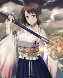  black_bra blue_eyes blue_hakama bra breasts brown_hair cleavage cloud detached_sleeves earrings female final_fantasy final_fantasy_x green_eyes hakama hakama_skirt highres holding holding_weapon japanese_clothes jewelry medium_breasts necklace obi sash short_hair single_earring skirt sky solo soosupaan staff sunset two-tone_eyes underwear upper_body weapon yuna_(ff10) 