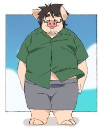  2024 anthro bottomwear closed_eyes clothing domestic_pig eyewear glasses hi_res inunoshippo kemono male mammal overweight overweight_male shirt shorts smile solo suid suina sus_(pig) topwear 