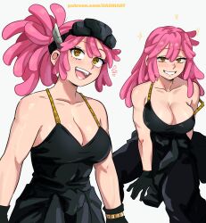  absurdres bare_shoulders black_gloves boku_no_hero_academia breasts cleavage crosshair_pupils dashi_(dashiart) female gloves goggles goggles_on_head grin hatsume_mei highres large_breasts long_hair multiple_views open_mouth pink_hair smile symbol-shaped_pupils tank_top 