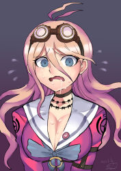  2017 absurdres antenna_hair artist_name barbed_wire belt blonde_hair blue_eyes breasts choker danganronpa_(series) danganronpa_v3:_killing_harmony drooling female flying_sweatdrops goggles goggles_on_head hair_between_eyes highres iruma_miu large_breasts long_hair o-ring o-ring_belt open_mouth pink_serafuku saliva samidare_satsuki school_uniform serafuku signature solo sweat wavy_mouth 