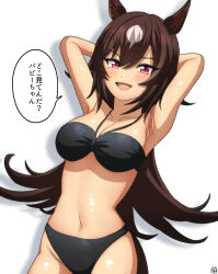  absurdres alternate_costume armpits arms_up artist_logo bikini black_bikini blush breasts brown_hair cleavage color_neko_(user_yfvc3323) commentary_request ear_ornament female hair_between_eyes halterneck highres horse_girl horse_tail large_breasts long_hair multicolored_hair navel red_eyes simple_background sirius_symboli_(umamusume) smile solo speech_bubble stomach streaked_hair swimsuit tail translation_request umamusume underwear very_long_hair white_background white_hair 