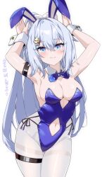  arm_strap armpits backless_leotard blue_bow blue_bowtie blue_eyes blue_leotard blush bow bowtie breasts cleavage closed_mouth clothing_cutout collar commentary_request detached_collar female girls&#039;_frontline girls&#039;_frontline_neural_cloud hair_between_eyes hair_ornament highres korean_commentary lancer_(worudrleh1) leotard light_smile long_hair medium_breasts navel navel_cutout official_alternate_costume pantyhose playboy_bunny rabbit_pose simple_background skindentation solo straight-on thigh_strap translation_request undine_(neural_cloud) white_background white_collar white_hair white_pantyhose wrist_cuffs 