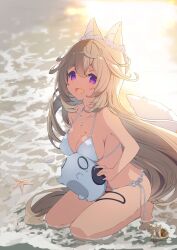  animal_ear_fluff animal_ears bare_shoulders beach bikini breasts brown_hair clam cleavage commentary_request female fox_ears fox_tail highres jewelry kneeling large_breasts long_hair looking_at_viewer necklace open_mouth original p19 partially_submerged purple_eyes side-tie_bikini_bottom solo starfish swimsuit tail very_long_hair water waves white_bikini 