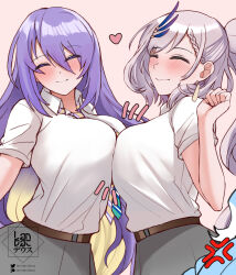  3girls alternate_costume anger_vein artist_logo belt between_breasts blue_hair blush breast_press breasts closed_eyes diagonal-striped_clothes diagonal-striped_necktie grey_hair grey_skirt heart highres hololive hololive_indonesia kobo_kanaeru landacdeus large_breasts long_hair moona_hoshinova multiple_girls necktie necktie_between_breasts patreon_username pavolia_reine ponytail purple_hair shirt skirt striped_clothes symmetrical_docking twitter_username virtual_youtuber white_shirt 