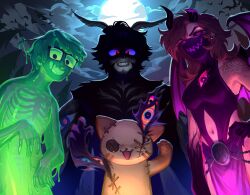  1other 2boys absurdres animal_ears black_horns blue_sclera breasts broken_horn brown_hair button_eyes buttons cat_ears chains clothing_cutout colored_sclera crumb_(cuptoast) demon_girl demon_horns demon_wings female furry genderswap_(otf) glasses glowing glowing_eyes grin hand_on_own_hip highres holographicros3 horns indie_virtual_youtuber leotard long_hair looking_at_viewer mask medium_breasts minecraft_youtube monster_boy moon moth_antennae moth_boy mouth_mask multiple_boys navel navel_cutout night official_alternate_costume open_mouth outdoors pentacle purple_leotard purple_skirt ranboo ranboo_(r800) ranboo_(r800)_(demon) red_eyes rule_63 skeleton skirt slime_(substance) slime_boy slimecicle smile sneegsnag stitches virtual_youtuber wings 