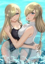  2girls artist_name ass black_one-piece_swimsuit blonde_hair blue_eyes blush breasts cleavage dual_persona hair_ornament highleg highleg_one-piece_swimsuit hug komegura large_breasts long_hair multiple_girls one-piece_swimsuit open_mouth swimsuit tales_of_(series) tales_of_the_abyss tear_grants tear_grants_(rental_beauty) twitter_username water white_one-piece_swimsuit x_hair_ornament 