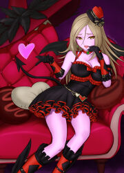  bat_wings black_bow black_gloves blonde_hair boots bow bracer breasts choker cleavage colored_skin commentary_request couch demon_girl demon_tail dragon_quest dragon_quest_x dress dress_bow female frilled_dress frills glove_bow gloves gold_trim_bow gratzel_(dq10) hat hat_bow heart heart-shaped_hat heart-shaped_pillow large_breasts long_hair looking_to_the_side mini_hat mini_top_hat parted_hair parted_lips pillow pink_lips pink_skin red_bow red_choker red_trim signature sitting solo tail top_hat unworn_hat unworn_headwear ur_(wulfa) wings witch witch_hat yellow_eyes 