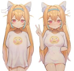  ... :&lt; animal_ear_fluff animal_ears blonde_hair breasts cat_ears commentary covered_navel crossed_bangs emoji english_commentary female flushed_face_emoji flushed_face_emoji_shirt_(meme) fuwawa_abyssgard hairband highres hololive large_breasts long_hair looking_at_viewer meme meme_attire multicolored_hair naked_shirt pink_eyes print_shirt pulling_own_clothes shirt short_sleeves simple_background solo spoken_ellipsis streaked_hair szuukie t-shirt v very_long_hair white_background 