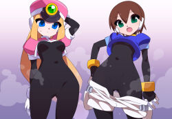  2girls aile_(mega_man_zx) black_bodysuit blonde_hair blue_eyes blue_jacket bodysuit bodysuit_under_clothes brown_hair clothes_pull commentary_request covered_navel cowboy_shot cropped_jacket green_eyes hat jacket kaidou_zx long_hair looking_at_viewer mega_man_(series) mega_man_zx multiple_girls no_panties no_pants open_mouth pink_jacket prairie_(mega_man) robot_ears shako_cap short_hair shorts shorts_pull steaming_body teeth tongue upper_teeth_only 