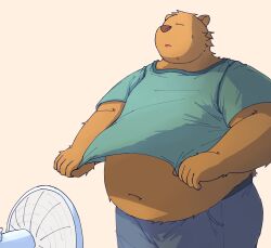  2024 absurd_res anthro bari_mu bear belly big_belly bottomwear brown_body brown_fur closed_eyes clothing electric_fan fur hi_res kemono male mammal navel overweight overweight_male shirt shorts simple_background solo topwear 