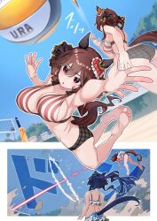  2girls animal_ears beach_volleyball bikini blue_sky braided_hair_rings breasts day ear_covers gentildonna_(umamusume) hair_rings heart-shaped_ornament heart_ear_ornament horse_ears horse_girl horse_tail jumping large_breasts mismatched_bikini multiple_girls nabe_puyo outdoors sky spiking swimsuit tail umamusume verxina_(umamusume) volleyball volleyball_net 