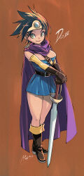  black_hair blue_dress boots breasts brown_background brown_footwear brown_gloves cape closed_mouth commentary_request copyright_name dragon_quest dragon_quest_iii dress female full_body gloves green_eyes heroine_(dq3) highres large_breasts muramasa_mikado purple_cape short_dress short_hair signature simple_background smile solo spiked_hair standing sword weapon 