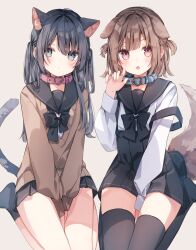  2girls animal_ears black_eyes black_hair black_sailor_collar blue_collar blush brown_eyes brown_hair cardigan cat_ears cat_girl cat_tail collar dog_ears dog_girl dog_tail extra_ears heripiro highres kneeling long_hair looking_at_viewer multiple_girls original pleated_skirt red_collar sailor_collar short_hair skirt tail 