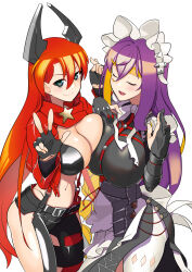  2girls alexandrina_sebastiane alexandrina_sebastiane_(cosplay) belt black_belt black_dress black_gloves black_shorts blonde_hair blush bow bowtie breast_press breasts bullet cleavage closed_eyes closed_mouth colored_inner_hair commentary_request cosplay cowboy_shot dress fingerless_gloves gloves goddess_of_victory:_nikke grey_eyes grey_horns hair_between_eyes highres hijiri_byakuren hong_meiling horns kagehito knife large_breasts long_bangs long_hair long_sleeves looking_at_viewer maid maid_headdress mechanical_horns midriff multicolored_hair multiple_girls navel open_mouth orange_hair pantyhose partially_fingerless_gloves purple_hair red_hood_(nikke) red_hood_(nikke)_(cosplay) red_scarf scarf shorts simple_background smile star_(symbol) symmetrical_docking touhou very_long_hair white_background white_bow white_bowtie white_pantyhose zenless_zone_zero 