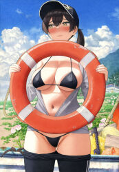  ass_visible_through_thighs averting_eyes baseball_cap bikini black_bikini black_hair blush breasts brown_eyes brown_hair clothes_pull cloud commentary_request embarrassed female hat highres holding holding_swim_ring jacket kaga_(kancolle) kantai_collection large_breasts long_hair navel outdoors painting_(medium) pants pants_pull partially_unzipped ponytail shijukara_(great_tit) standing swim_ring swimsuit traditional_media watercolor_(medium) white_jacket 